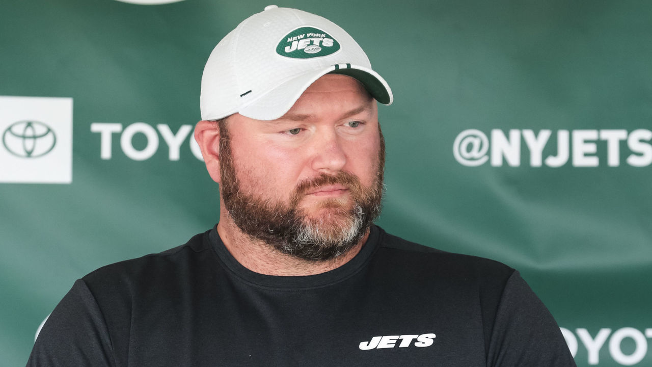 FLORHAM PARK, NJ - AUGUST 03: New York Jets General Manager Joe Douglas speaks to the media following New York Jets Training Camp on August 3, 2019 at Atlantic Health Jets Training Center in Florham Park, NJ