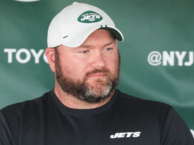 FLORHAM PARK, NJ - AUGUST 03: New York Jets General Manager Joe Douglas speaks to the media following New York Jets Training Camp on August 3, 2019 at Atlantic Health Jets Training Center in Florham Park, NJ