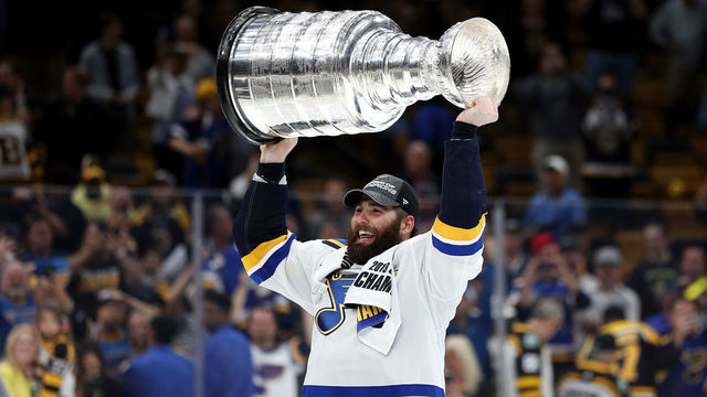 BOSTON, MASSACHUSETTS - JUNE 12: Pat Maroon #7 of the St. Louis Blues celebrates with the Stanley cup after defeating the Boston Bruins in Game Seven of the 2019 NHL Stanley Cup Final at TD Garden on June 12, 2019 in Boston, Massachusetts.