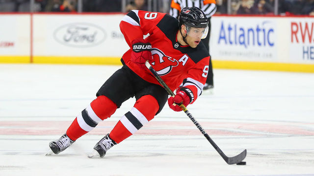 NEWARK, NJ - DECEMBER 03: New Jersey Devils left wing Taylor Hall (9) during the National Hockey League game between the New Jersey Devils and the Tampa Bay Lightning on December 3, 2018 at the Prudential Center in Newark, NJ.
