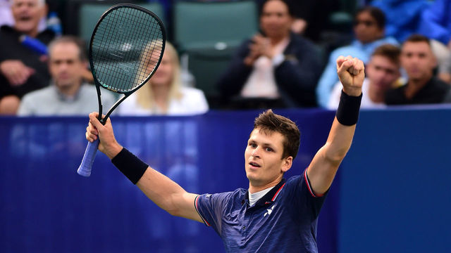 WINSTON SALEM, NORTH CAROLINA - AUGUST 24: Hubert Hurkacz of Poland celebrates defeating Benoit Paire of France during the men's singles championship final on day eight of the Winston-Salem Open at Wake Forest University on August 24, 2019 in Winston Salem, North Carolina.