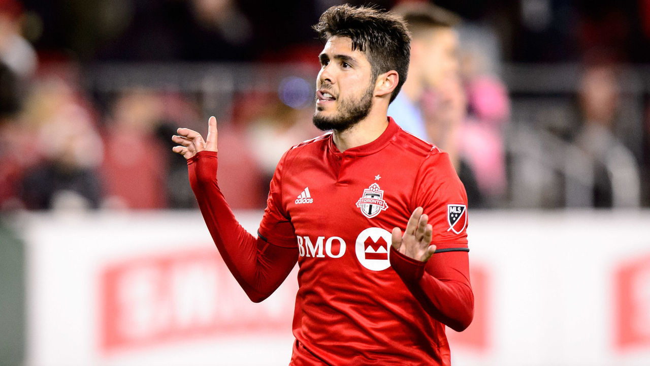 TORONTO, ON - MARCH 29: Alejandro Pozuelo (10) of Toronto FC celebrates after scoring his first goal for Toronto FC during the second half of the MLS regular season match between Toronto FC and New York City FC on March 29, 2019, at BMO Field in Toronto, ON, Canada.