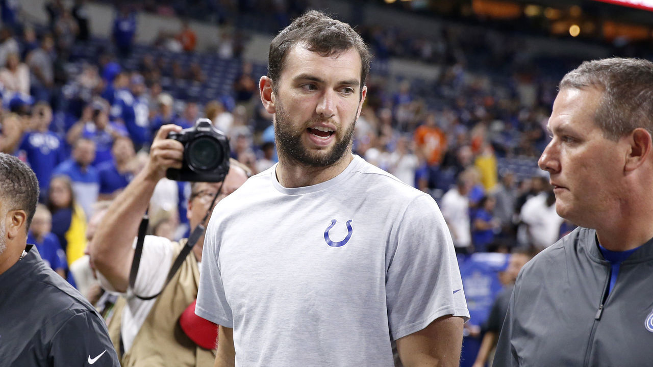 INDIANAPOLIS, INDIANA - AUGUST 24: Andrew Luck #12 of the Indianapolis Colts walks off the field after the Indianapolis Colts preseason game against the Chicago Bears after it was reported that he would be retiring at Lucas Oil Stadium on August 24, 2019 in Indianapolis, Indiana.