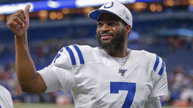 INDIANAPOLIS, IN - AUGUST 17: Jacoby Brissett #7 of the Indianapolis Colts is seen after the game against the Cleveland Browns at Lucas Oil Stadium on August 17, 2019 in Indianapolis, Indiana.