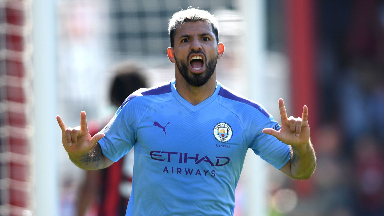 BOURNEMOUTH, ENGLAND - AUGUST 25: Sergio Aguero of Manchester City celebrates after scoring his team's third goal during the Premier League match between AFC Bournemouth and Manchester City at Vitality Stadium on August 25, 2019 in Bournemouth, United Kingdom.