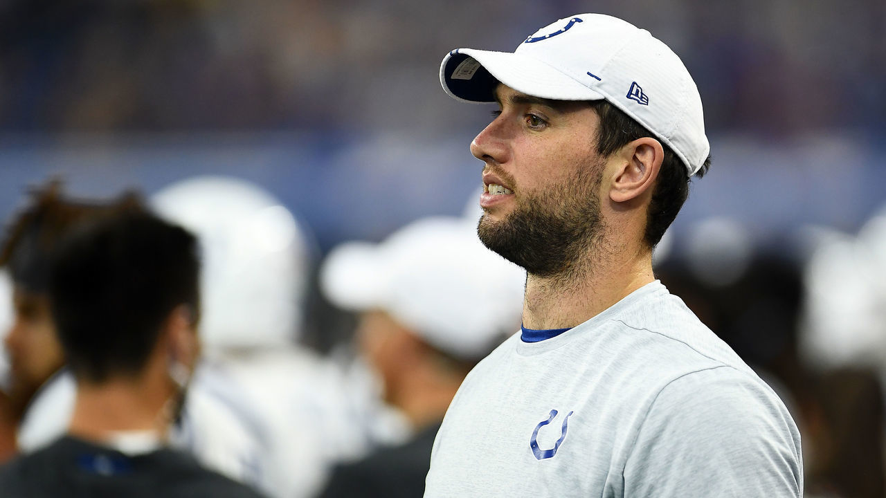 INDIANAPOLIS, INDIANA - AUGUST 17: Andrew Luck #12 of the Indianapolis Colts watches action during a game against the Cleveland Browns at Lucas Oil Stadium on August 17, 2019 in Indianapolis, Indiana.