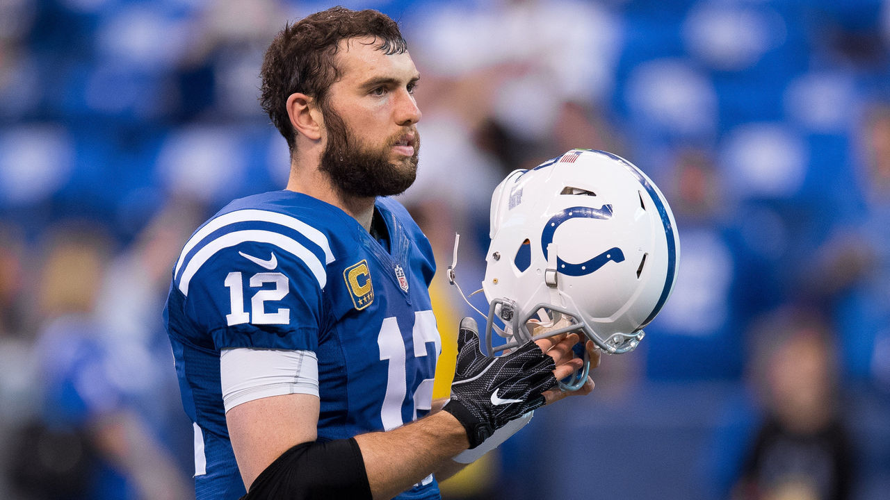 INDIANAPOLIS, IN - JANUARY 01: Indianapolis Colts quarterback Andrew Luck (12) on the field before the NFL game between the Jacksonville Jaguars and Indianapolis Colts on January 1, 2017, at Lucas Oil Stadium in Indianapolis, IN.