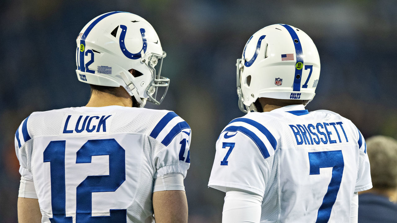 NASHVILLE, TN - DECEMBER 30: Andrew Luck #12 talks with Jacoby Brissett #7 of the Indianapolis Colts before a game against the Tennessee Titans at Nissan Stadium on December 30, 2018 in Nashville, Tennessee. The Colts defeated the Titans 33-17.