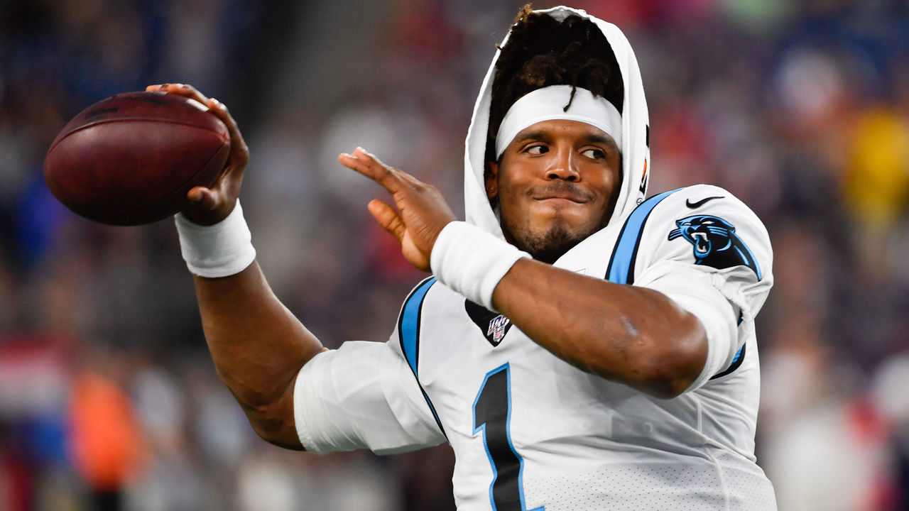 FOXBOROUGH, MA - AUGUST 22: Cam Newton #1 of the Carolina Panthers warms up prior to the start of the preseason game against the New England Patriots at Gillette Stadium on August 22, 2019 in Foxborough, Massachusetts.