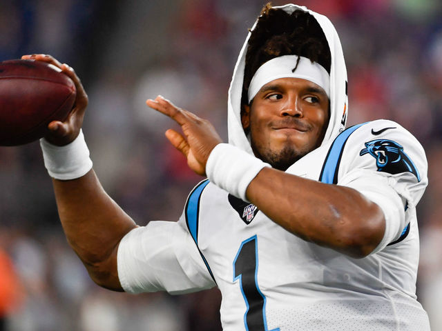 FOXBOROUGH, MA - AUGUST 22: Cam Newton #1 of the Carolina Panthers warms up prior to the start of the preseason game against the New England Patriots at Gillette Stadium on August 22, 2019 in Foxborough, Massachusetts.