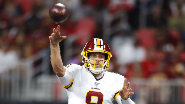 ATLANTA, GA - AUGUST 22: Quarterback Case Keenum #8 of the Washington Redskins passes in the first half of an NFL preseason game against the Atlanta Falcons at Mercedes-Benz Stadium on August 22, 2019 in Atlanta, Georgia.