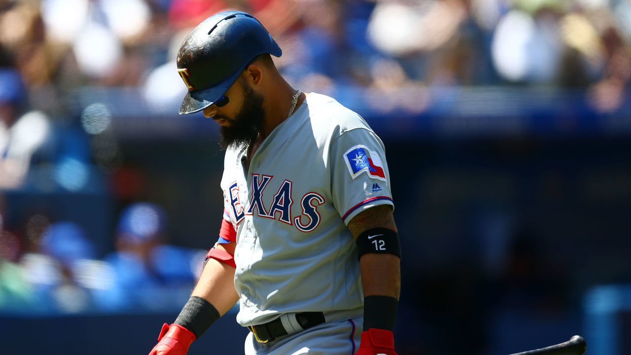 TORONTO, ON - AUGUST 14: Rougned Odor #12 of the Texas Rangers strikes out in the first inning during a MLB game against the Toronto Blue Jays at Rogers Centre on August 14, 2019 in Toronto, Canada.