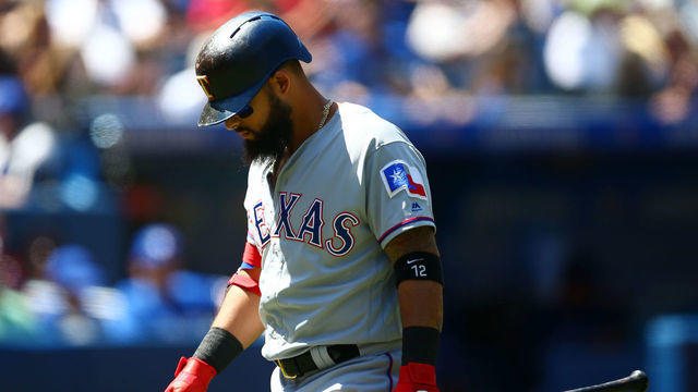 TORONTO, ON - AUGUST 14: Rougned Odor #12 of the Texas Rangers strikes out in the first inning during a MLB game against the Toronto Blue Jays at Rogers Centre on August 14, 2019 in Toronto, Canada.