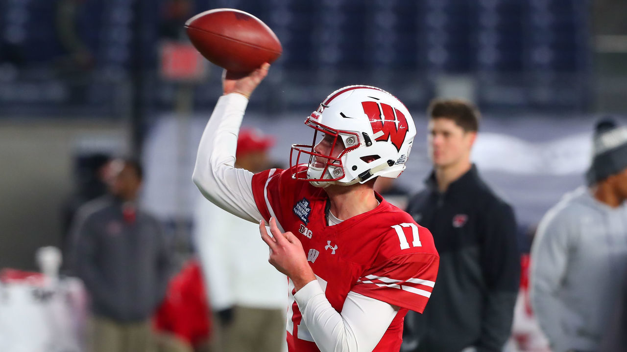 BRONX, NY - DECEMBER 27: Wisconsin Badgers quarterback Jack Coan (17) prior to the 2018 New Era Pinstripe Bowl between the Wisconsin Badgers and the Miami Hurricanes on December 27, 2018 at Yankee Stadium in the Bronx, NY.