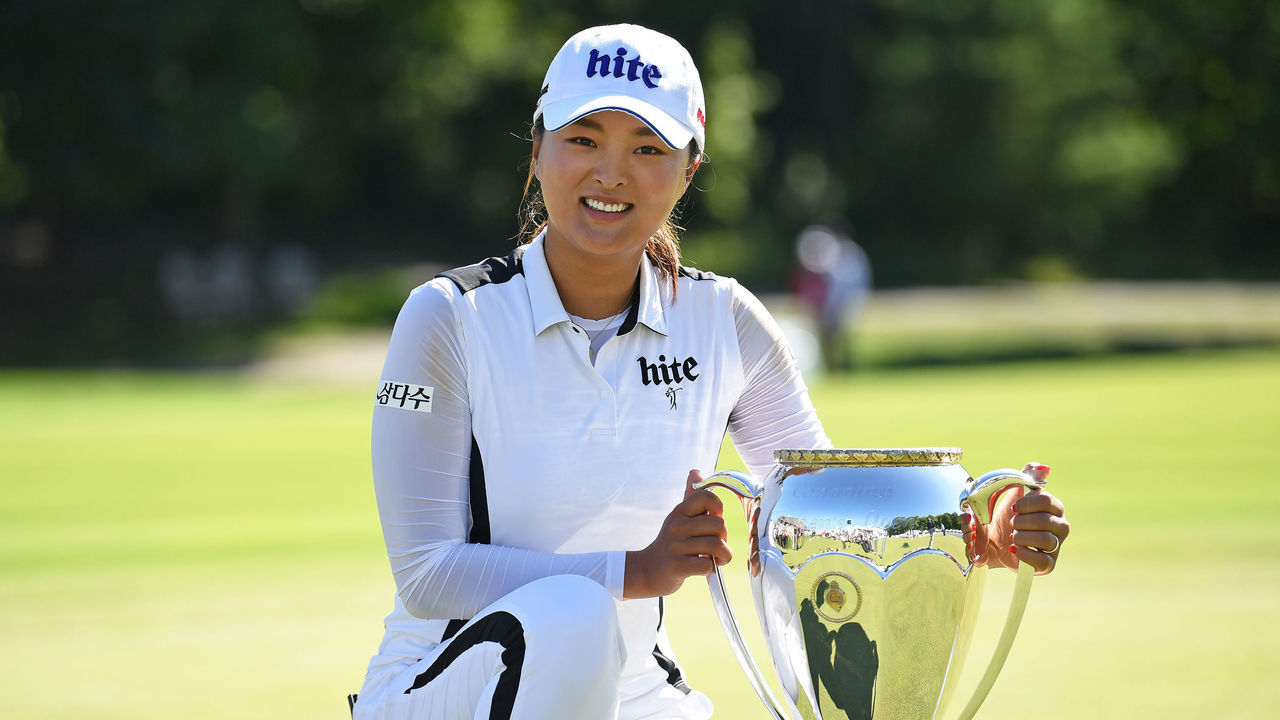 AURORA, ON - AUGUST 25: Jin Young Ko (KOR) poses with the Canadian Pacific Women's Open Trophy after winning the LPGA - CP Women's Open on August 25, 2019 at Magna Golf Club in Aurora, ON.