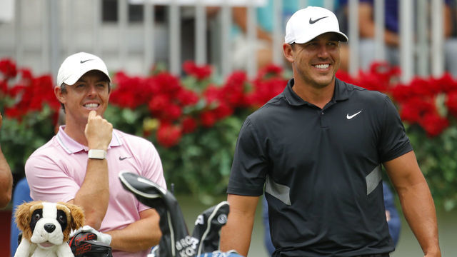 ATLANTA, GA - AUGUST 25: Brooks Koepka has a laugh with Rory McIlroy of Northern Ireland prior to their start of the final round of the TOUR Championship at East Lake Golf Club in Atlanta, GA.