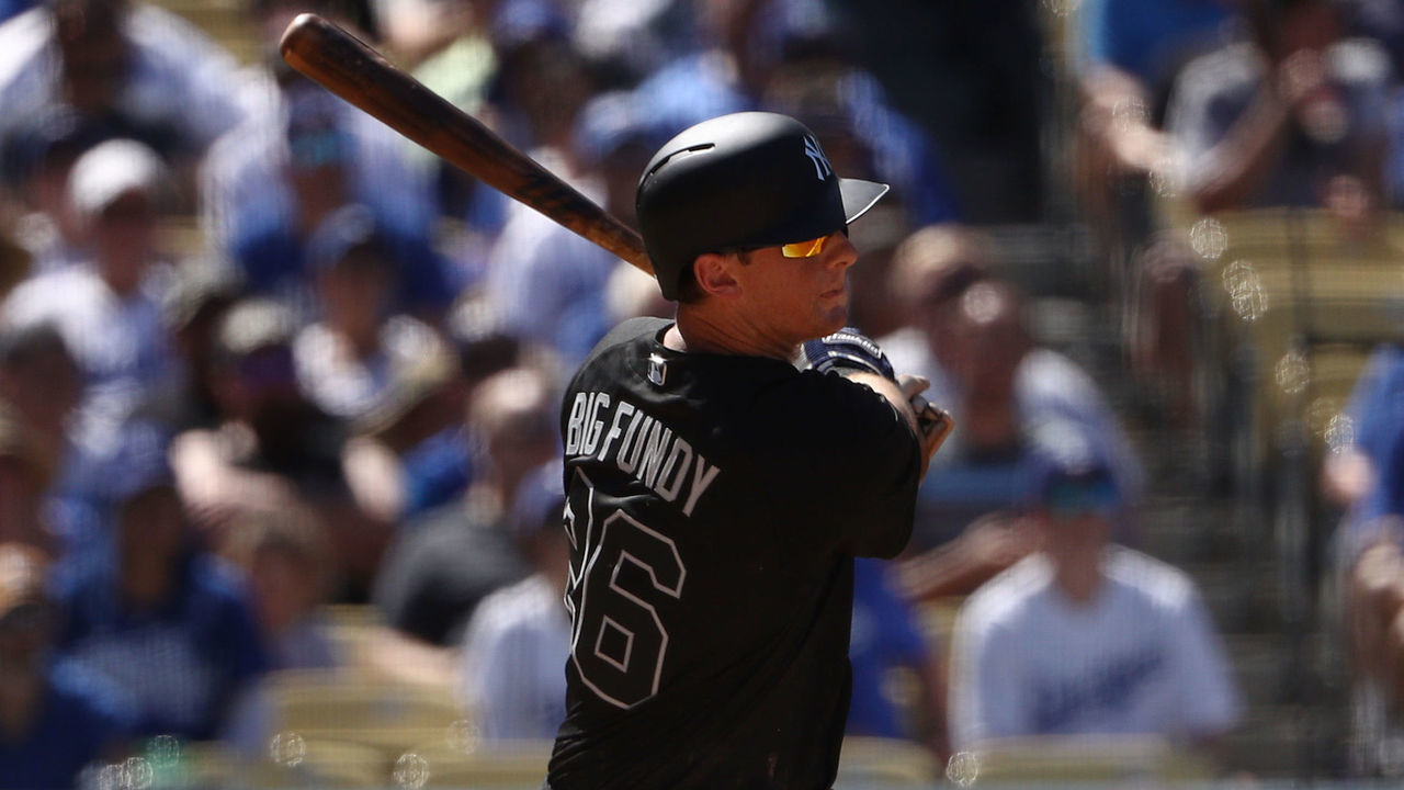 LOS ANGELES, CALIFORNIA - AUGUST 24: DJ LeMahieu #26 of the New York Yankees bats during the sixth inning of the MLB game against the Los Angeles Dodgers at Dodger Stadium on August 24, 2019 in Los Angeles, California. Teams are wearing special color-schemed uniforms with players choosing nicknames to display for Players' Weekend. The Dodgers defeated the Yankees 2-1.