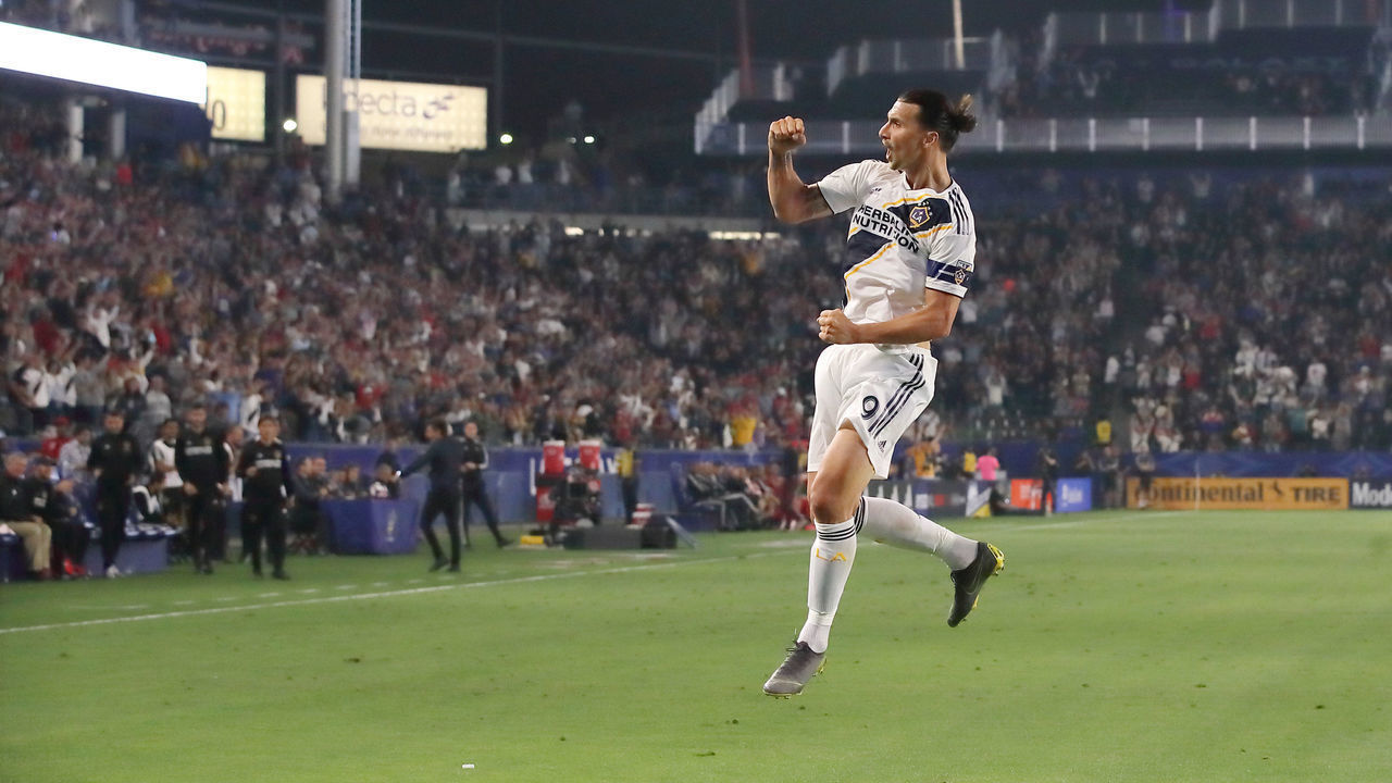 CARSON, CA - JULY 04: Zlatan Ibrahimovic of LA Galaxy celebrates after scoring a goal to make it 2-0 during the MLS match between Los Angeles Galaxy and Toronto FC at Dignity Health Sports Park on July 4, 2019 in Carson, California.