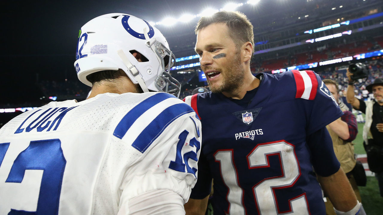 FOXBOROUGH, MA - OCTOBER 04: Tom Brady #12 of the New England Patriots shakes hands with Andrew Luck #12 of the Indianapolis Colts after the Patriots defeated the Colts 38-24 at Gillette Stadium on October 4, 2018 in Foxborough, Massachusetts.