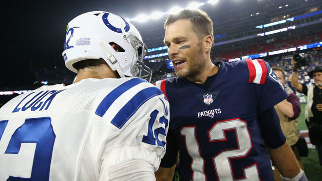 FOXBOROUGH, MA - OCTOBER 04: Tom Brady #12 of the New England Patriots shakes hands with Andrew Luck #12 of the Indianapolis Colts after the Patriots defeated the Colts 38-24 at Gillette Stadium on October 4, 2018 in Foxborough, Massachusetts.
