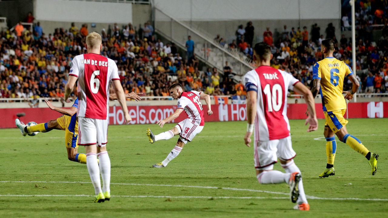 NICOSIA, CYPRUS - AUGUST 20: (L-R) Donny van de Beek of Ajax, Razvan Marin of Ajax, Dusan Tadic of Ajax, Savvas Gentsoglou of APOEL FC during the UEFA Champions League match between Apoel Nicosia v Ajax at the GSP Stadium on August 20, 2019 in Nicosia Cyprus