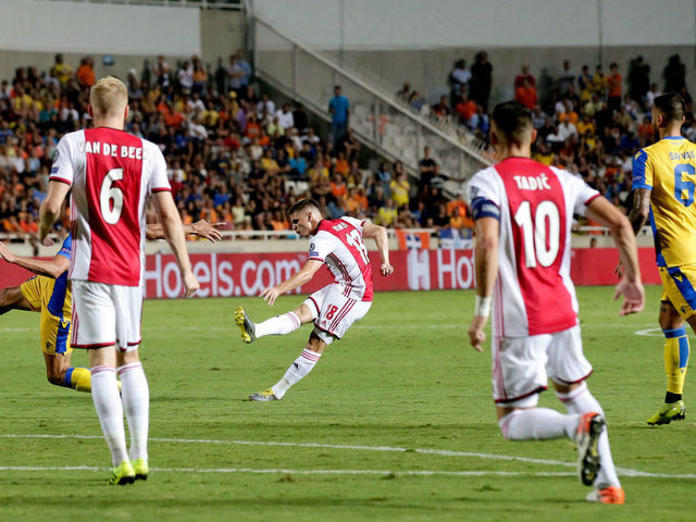 NICOSIA, CYPRUS - AUGUST 20: (L-R) Donny van de Beek of Ajax, Razvan Marin of Ajax, Dusan Tadic of Ajax, Savvas Gentsoglou of APOEL FC during the UEFA Champions League match between Apoel Nicosia v Ajax at the GSP Stadium on August 20, 2019 in Nicosia Cyprus