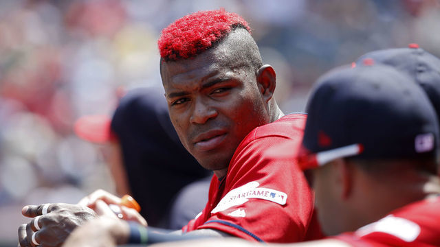CLEVELAND, OH - AUGUST 04: Yasiel Puig #66 of the Cleveland Indians looks on during a game against the Los Angeles Angels at Progressive Field on August 4, 2019 in Cleveland, Ohio. Cleveland won 6-2.
