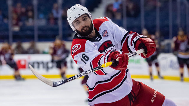 ROSEMONT, IL - JUNE 08: Charlotte Checkers right wing Stelio Mattheos (16) warms up prior to game five of the AHL Calder Cup Finals against the Chicago Wolves on June 8, 2019, at the Allstate Arena in Rosemont, IL.