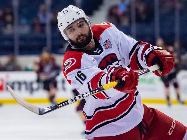 ROSEMONT, IL - JUNE 08: Charlotte Checkers right wing Stelio Mattheos (16) warms up prior to game five of the AHL Calder Cup Finals against the Chicago Wolves on June 8, 2019, at the Allstate Arena in Rosemont, IL.