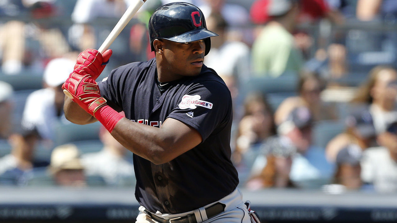 NEW YORK, NEW YORK - AUGUST 17: Yasiel Puig #66 of the Cleveland Indians in action against the New York Yankees at Yankee Stadium on August 17, 2019 in New York City. The Yankees defeated the Indians 6-5.