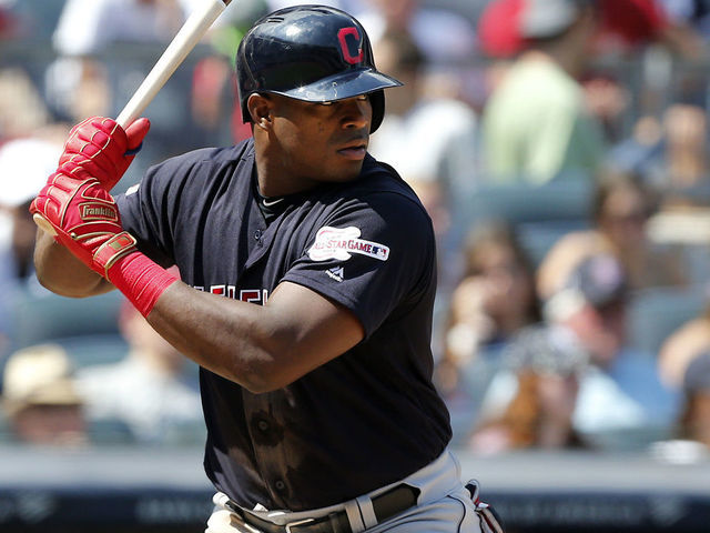 NEW YORK, NEW YORK - AUGUST 17: Yasiel Puig #66 of the Cleveland Indians in action against the New York Yankees at Yankee Stadium on August 17, 2019 in New York City. The Yankees defeated the Indians 6-5.