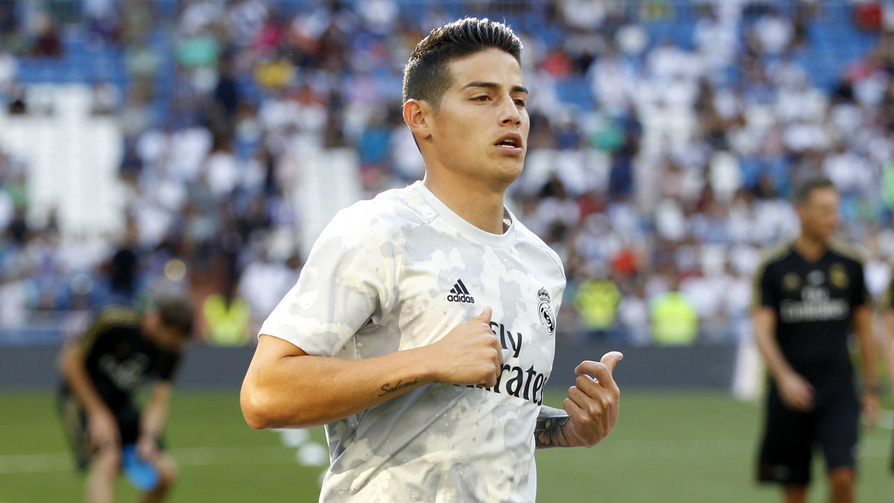 MADRID, SPAIN - AUGUST 24: James Rodriguez of Real Madrid looks on during the La Liga match between Real Madrid and Real Valladolid at Estadio Santiago Bernabeu on August 24, 2019 in Madrid, Spain.