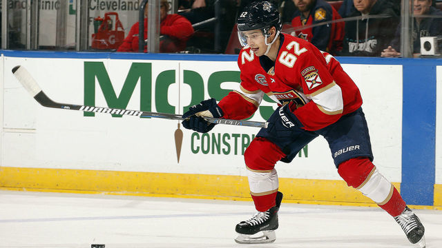 SUNRISE, FL - JANUARY 18: Denis Malgin #62 of the Florida Panthers skates for possession against the Toronto Maple Leafs at the BB&T Center on January 18, 2019 in Sunrise, Florida.
