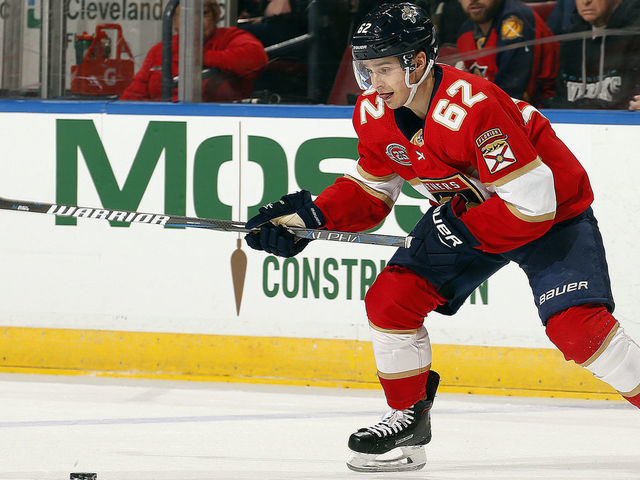 SUNRISE, FL - JANUARY 18: Denis Malgin #62 of the Florida Panthers skates for possession against the Toronto Maple Leafs at the BB&T Center on January 18, 2019 in Sunrise, Florida.