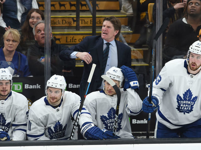 BOSTON, MA - APRIL 23: Head Coach Mike Babcock of the Toronto Maple Leafs yells from the bench during the third period against the Boston Bruins in Game Seven of the Eastern Conference First Round during the 2019 NHL Stanley Cup Playoffs at the TD Garden on April 23, 2019 in Boston, Massachusetts.