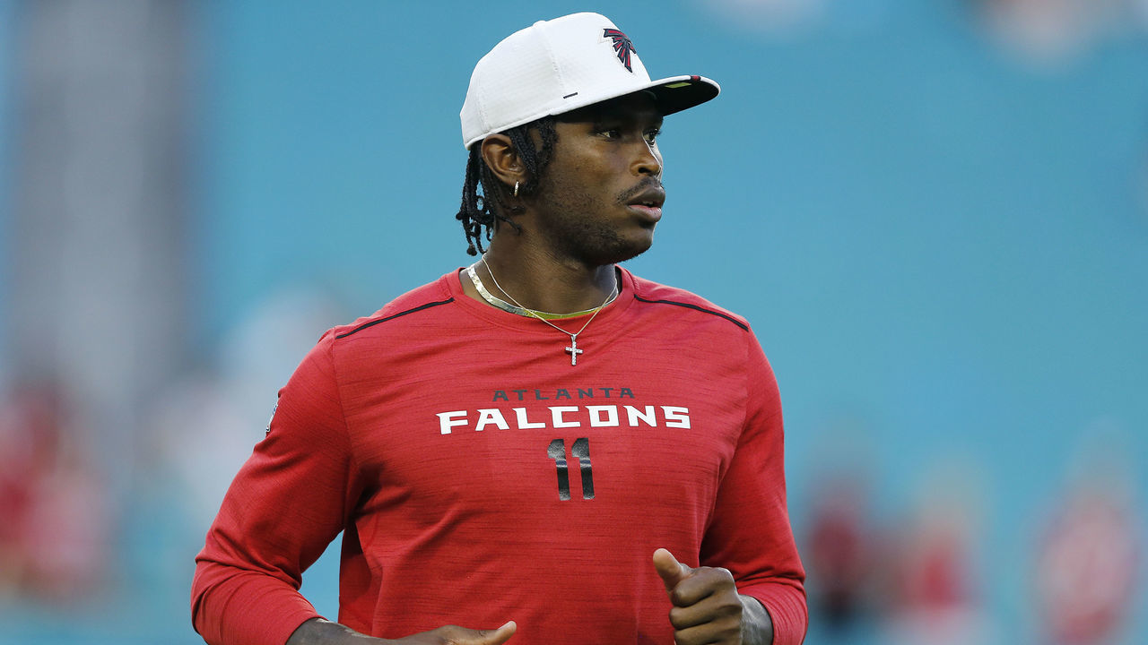 MIAMI, FLORIDA - AUGUST 08: Julio Jones #11 of the Atlanta Falcons looks on prior to the preseason game against the Miami Dolphins at Hard Rock Stadium on August 08, 2019 in Miami, Florida.