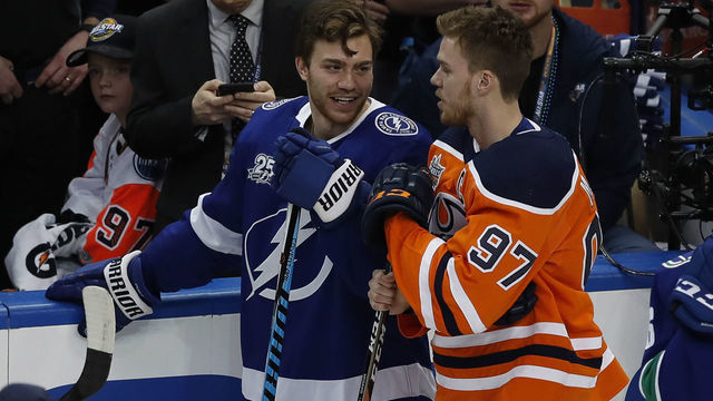TAMPA, FL - JANUARY 27: Tampa Bay Lightning center Brayden Point (21) and Edmonton Oilers forward Connor McDavid (97) talk during the NHL All-Star Skills Competition on January 27, 2018 at Amalie Arena in Tampa, FL.