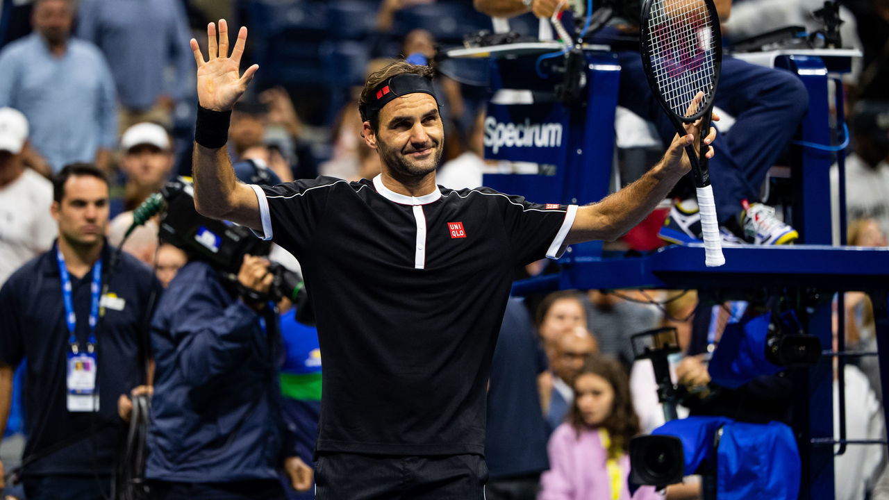 NEW YORK, NEW YORK - AUGUST 26: Roger Federer of Switzerland celebrates his victory over Sumit Nagal of India in the first round of the US Open at the USTA Billie Jean King National Tennis Center on August 26, 2019 in New York City.