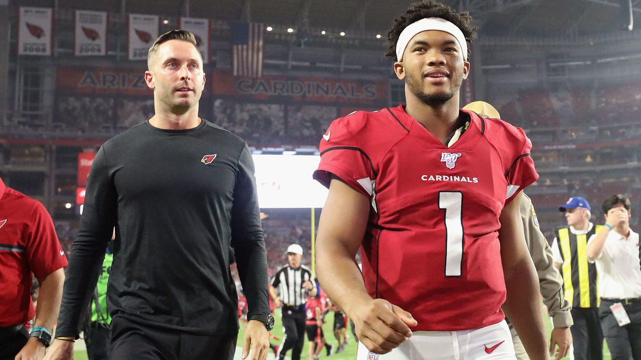 GLENDALE, ARIZONA - AUGUST 08: Head coach Kliff Kingsbury and quarterback Kyler Murray #1 of the Arizona Cardinals walk off the field during the NFL preseason game against the Los Angeles Chargers at State Farm Stadium on August 08, 2019 in Glendale, Arizona. The Cardinals defeated the Chargers 17-13.