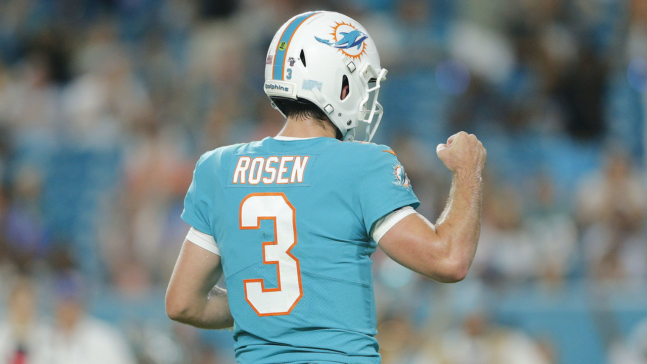 MIAMI, FLORIDA - AUGUST 22: Josh Rosen #3 of the Miami Dolphins reacts during action against the Jacksonville Jaguars during the fourth quarter of the preseason game at Hard Rock Stadium on August 22, 2019 in Miami, Florida.