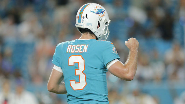 MIAMI, FLORIDA - AUGUST 22: Josh Rosen #3 of the Miami Dolphins reacts during action against the Jacksonville Jaguars during the fourth quarter of the preseason game at Hard Rock Stadium on August 22, 2019 in Miami, Florida.