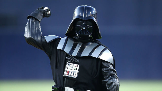 SAN DIEGO, CALIFORNIA - AUGUST 23: A Darth Vader character throws out the first pitch prior to a game between the San Diego Padres and the Boston Red Sox duat PETCO Park on August 23, 2019 in San Diego, California.