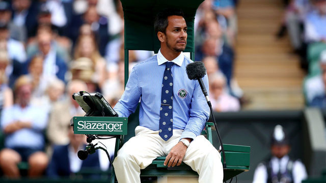 LONDON, ENGLAND - JULY 14: Chair Umpire Damian Steiner looks on in the Men's Singles final match between Roger Federer of Switzerland and Novak Djokovic of Serbia during Day thirteen of The Championships - Wimbledon 2019 at All England Lawn Tennis and Croquet Club on July 14, 2019 in London, England.