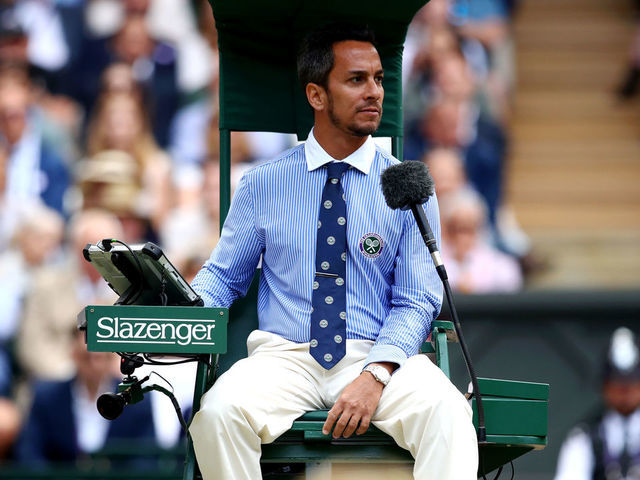 LONDON, ENGLAND - JULY 14: Chair Umpire Damian Steiner looks on in the Men's Singles final match between Roger Federer of Switzerland and Novak Djokovic of Serbia during Day thirteen of The Championships - Wimbledon 2019 at All England Lawn Tennis and Croquet Club on July 14, 2019 in London, England.