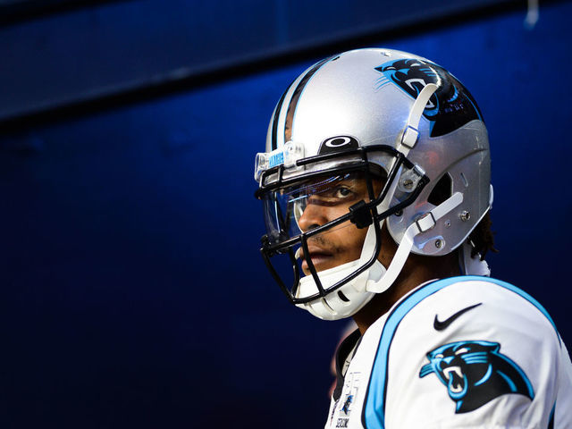FOXBOROUGH, MA - AUGUST 22: Cam Newton #1 of the Carolina Panthers enters the field prior to the start of the preseason game against the New England Patriots at Gillette Stadium on August 22, 2019 in Foxborough, Massachusetts.