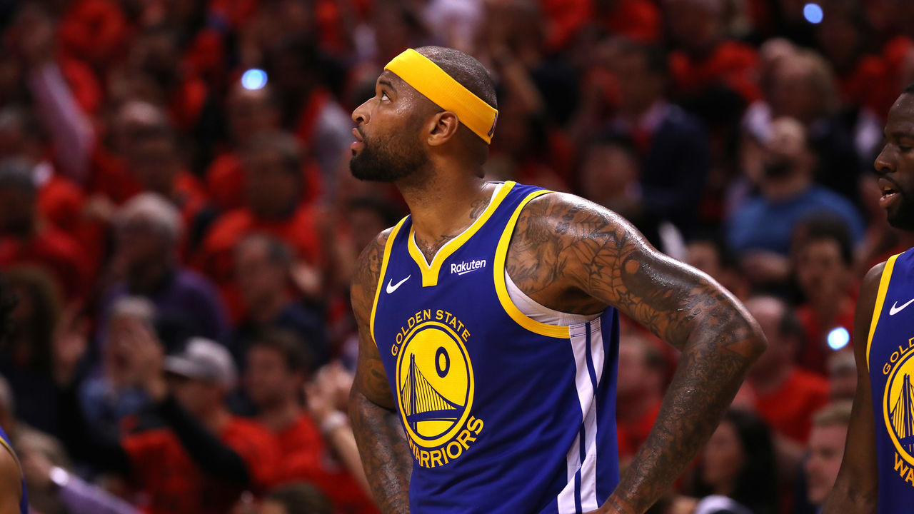 TORONTO, ONTARIO - JUNE 10: DeMarcus Cousins #0 of the Golden State Warriors reacts in the fourth quarter against the Toronto Raptors during Game Five of the 2019 NBA Finals at Scotiabank Arena on June 10, 2019 in Toronto, Canada.