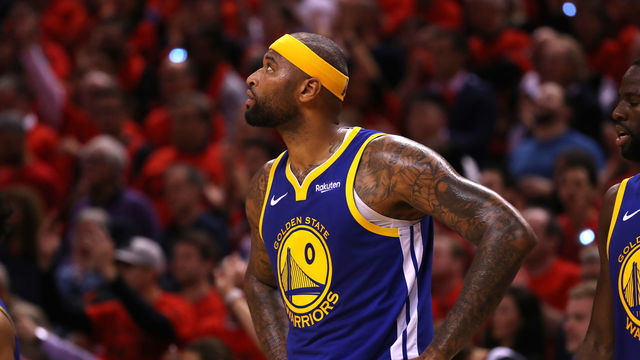 TORONTO, ONTARIO - JUNE 10: DeMarcus Cousins #0 of the Golden State Warriors reacts in the fourth quarter against the Toronto Raptors during Game Five of the 2019 NBA Finals at Scotiabank Arena on June 10, 2019 in Toronto, Canada.