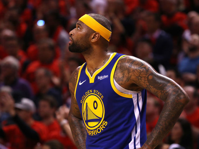 TORONTO, ONTARIO - JUNE 10: DeMarcus Cousins #0 of the Golden State Warriors reacts in the fourth quarter against the Toronto Raptors during Game Five of the 2019 NBA Finals at Scotiabank Arena on June 10, 2019 in Toronto, Canada.