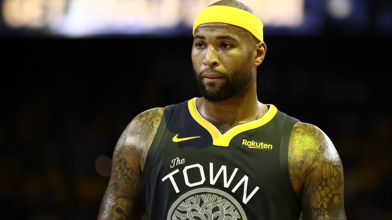 OAKLAND, CALIFORNIA - JUNE 13: DeMarcus Cousins #0 of the Golden State Warriors reacts against the Toronto Raptors in the second half during Game Six of the 2019 NBA Finals at ORACLE Arena on June 13, 2019 in Oakland, California.