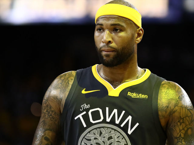 OAKLAND, CALIFORNIA - JUNE 13: DeMarcus Cousins #0 of the Golden State Warriors reacts against the Toronto Raptors in the second half during Game Six of the 2019 NBA Finals at ORACLE Arena on June 13, 2019 in Oakland, California.